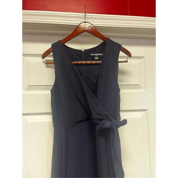 Karl Lagerfeld Navy Chiffon Sleeveless Faux Wrap MIDI Dress sz 8 EUC - Picture 1 of 7